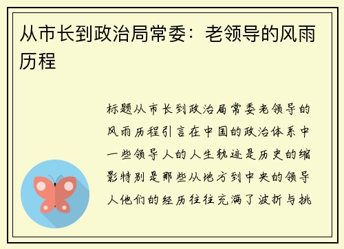 从市长到政治局常委：老领导的风雨历程