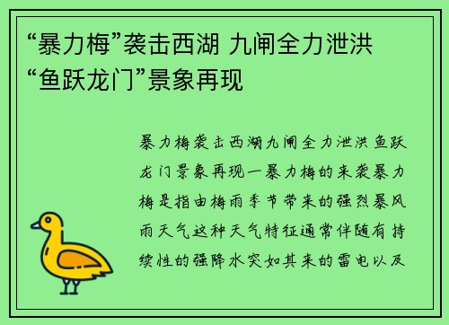“暴力梅”袭击西湖 九闸全力泄洪 “鱼跃龙门”景象再现
