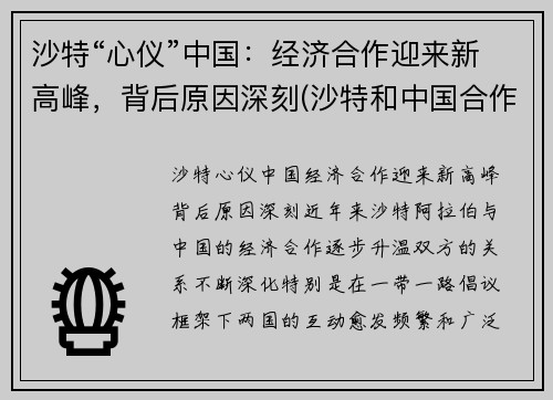 沙特“心仪”中国：经济合作迎来新高峰，背后原因深刻(沙特和中国合作)