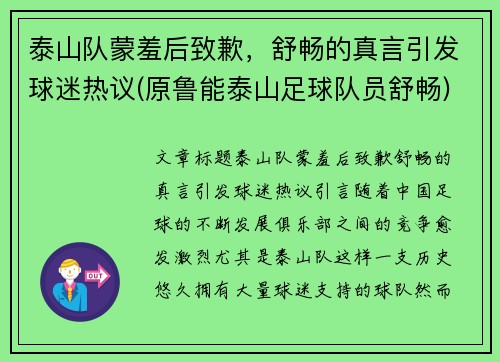 泰山队蒙羞后致歉，舒畅的真言引发球迷热议(原鲁能泰山足球队员舒畅)