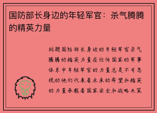 国防部长身边的年轻军官：杀气腾腾的精英力量