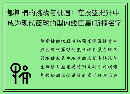 郇斯楠的挑战与机遇：在投篮提升中成为现代篮球的型内线巨星(斯楠名字的含义)