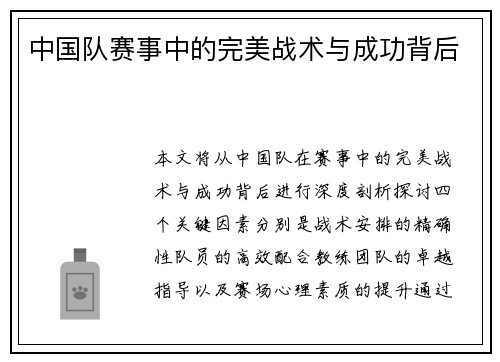 中国队赛事中的完美战术与成功背后