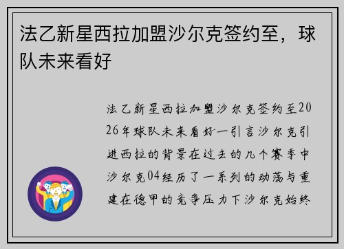 法乙新星西拉加盟沙尔克签约至，球队未来看好